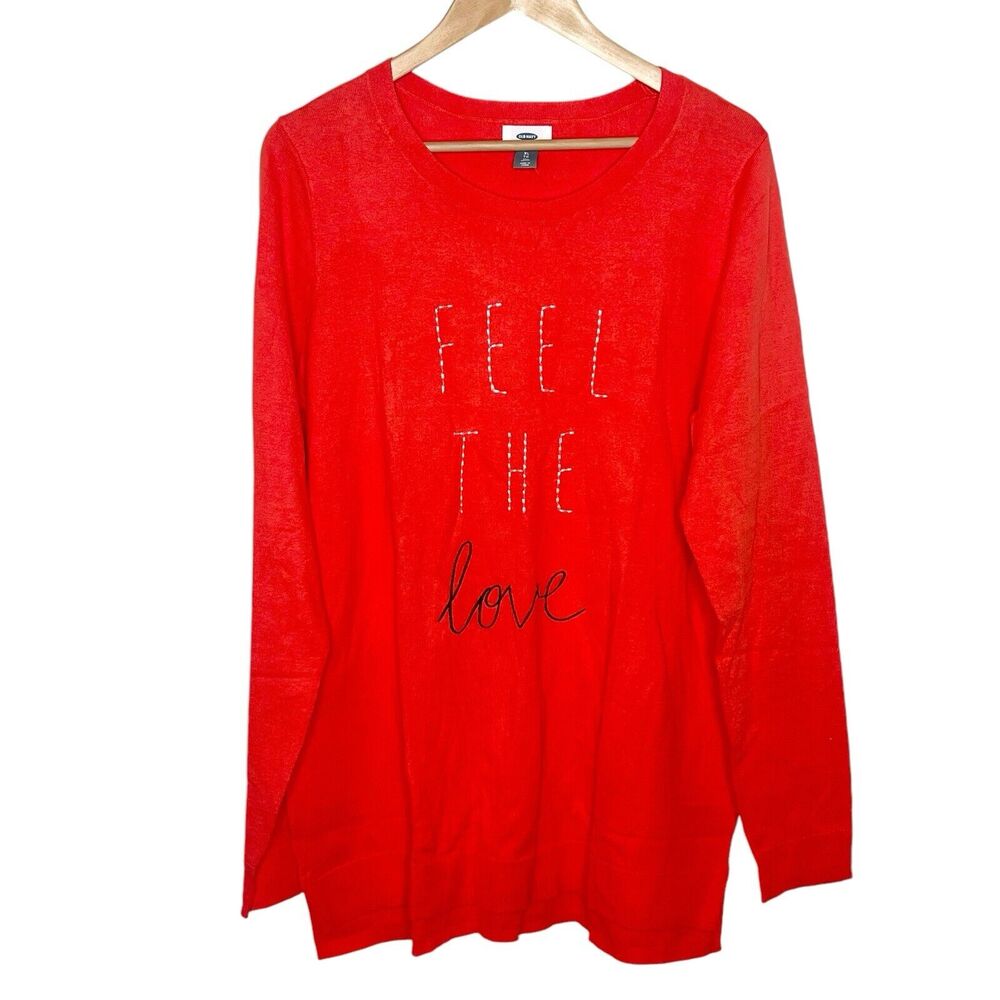 Old Navy Feel The Love Sweater Red Orange Womens XL Tall Cotton Embroidered